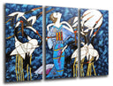 Tríptico abstracto, mujer con garzas sobre fonzo azul