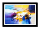Cuadro enmarcado negro abstracto, tonos azules, amarillos