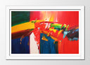 Cuadro enmarcado blanco abstracto, colores llamativos, tonos rojos