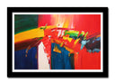 Cuadro enmarcado negro abstracto, colores llamativos, tonos rojos
