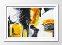 Cuadro enmarcado blanco abstracto, colores vivos amarillo con negro