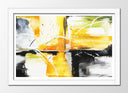 Cuadro enmarcado blanco abstracto, colores vivos amarillo con negro