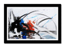 Cuadro enmarcado negro abstracto, colores sobrios, trazos negros, azules sobre blanco