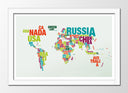 Cuadro enmarcado blanco mapamundi, letras, colores