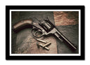 Cuadro enmarcado negro pistola vintage, arme, balas , guerra