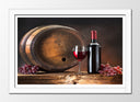 Cuadro enmarcado blanco bodegon copa de vino con barril