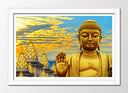 Cuadro enmarcado blanco buda oriental ,escultura ,amarillo, relajacion, meditacion, zen