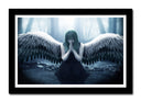 Cuadro enmarcado negro imagen angel de rodillas, alas abiertas, mujer, mistico
