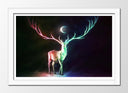 Cuadro enmarcado blanco ciervo de noche, neon, animal, abstracto