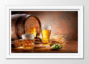 Cuadro enmarcado blanco bodegon jarras de cerveza, lupulo