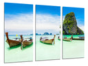 Tríptico paisaje del caribe, barcas sobre playa tropical, paraiso, mar
