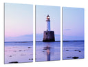 Tríptico paisaje faro sobre el mar, atardecer,tonos morados