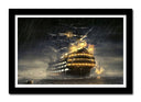 Cuadro enmarcado negro paisaje barco sobre el mar en la noche,carabela, barco antiguo , pirata