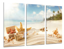 Tríptico paisaje mensaje en una botella , estrellas de mar, playa, arena