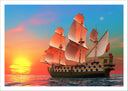 Lámina barco de vela en el mar, carabela,barco antiguo, atardecer