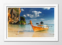 Cuadro enmarcado blanco paisaje tropical barca en la playa, mar,rocas,paraiso