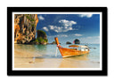 Cuadro enmarcado negro paisaje tropical barca en la playa, mar,rocas,paraiso