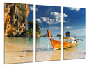 Tríptico paisaje tropical barca en la playa, mar,rocas,paraiso