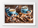 Cuadro enmarcado blanco tazas de café, desayuno, dulce