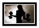 Cuadro enmarcado negro silueta mujer con mancuernas, deporte, sombra