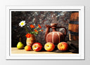Cuadro enmarcado blanco barril, cantaro, meloconton, fruta, flores