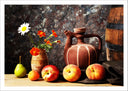Lámina barril, cantaro, meloconton, fruta, flores