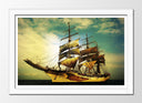 Cuadro enmarcado blanco barco pirata en el mar, barco antiguo, carabela, atardecer,velero