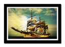 Cuadro enmarcado negro barco pirata en el mar, barco antiguo, carabela, atardecer,velero