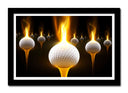 Cuadro enmarcado negro pelota de golf en llamas, fondo negro