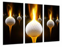 Tríptico pelota de golf en llamas, fondo negro