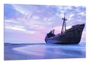 Cuadro barco antiguo en la playa, atadecer, carabela,tonos morados