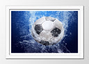 Cuadro enmarcado blanco imagen balon de futbol, fondo azul marino, agua, deporte
