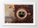 Cuadro enmarcado blanco café con carita sonriente, desayuno, expresso