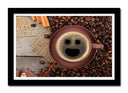 Cuadro enmarcado negro café con carita sonriente, desayuno, expresso