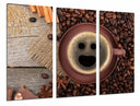 Tríptico café con carita sonriente, desayuno, expresso