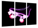 Tríptico patin color neon morado, fondo negro, patinaje