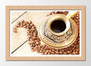Cuadro enmarcado natural café molido, taza de café, tetera