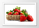 Cuadro enmarcado blanco de un cesto de fresas, rojo, fruta