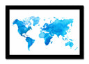Cuadro enmarcado negro mapamundi color azul claro fondo blanco