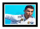 Cuadro enmarcado negro cristiano ronaldo, fondo azul, equipacion madrid