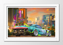 Cuadro enmarcado blanco Videojuego Cyber Punk 2077, Cuidad neón, Toyota Supra, Coche