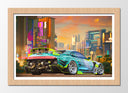 Cuadro enmarcado natural Videojuego Cyber Punk 2077, Cuidad neón, Toyota Supra, Coche
