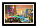 Cuadro enmarcado negro Videojuego Cyber Punk 2077, Cuidad neón, Toyota Supra, Coche