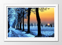Cuadro enmarcado blanco paisaje bosque helado ,atardecer,camino,naturaleza