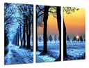 Tríptico paisaje bosque helado ,atardecer,camino,naturaleza