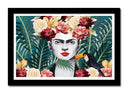 Cuadro enmarcado negro Frida kahlo, fondo tropical, artista, mujer