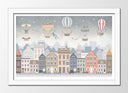Cuadro enmarcado blanco ilustracion infantil,ciudad con globos aerostaticos tonos grises