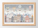 Cuadro enmarcado natural ilustracion infantil,ciudad con globos aerostaticos tonos grises