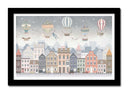 Cuadro enmarcado negro ilustracion infantil,ciudad con globos aerostaticos tonos grises