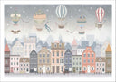 Lámina ilustracion infantil,ciudad con globos aerostaticos tonos grises